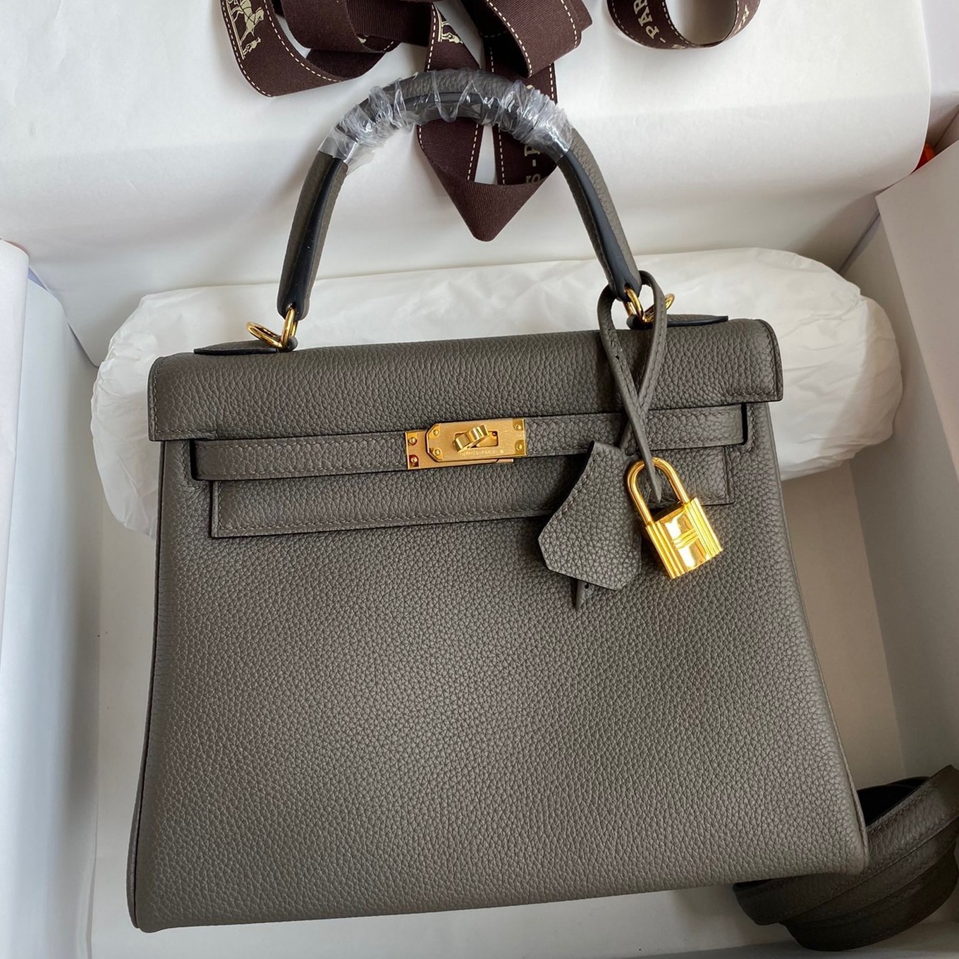 H**mes kelly retourne 25 handmade bag in etain clemence leather
