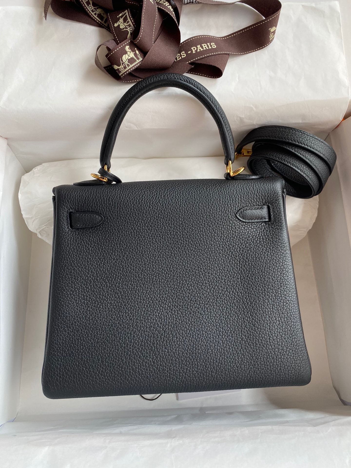 H**mes kelly retourne 25 handmade bag in black clemence leather