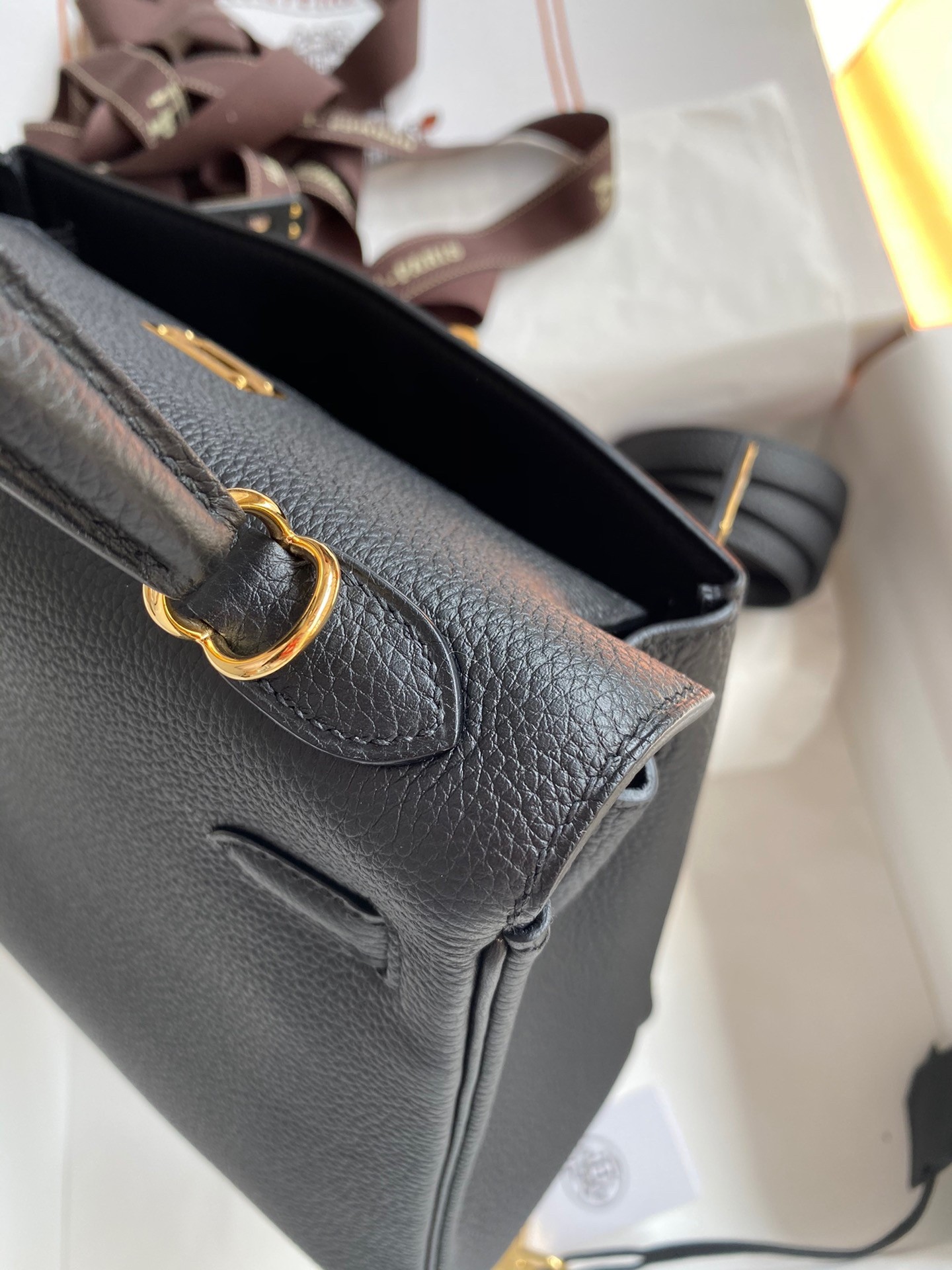 H**mes kelly retourne 25 handmade bag in black clemence leather