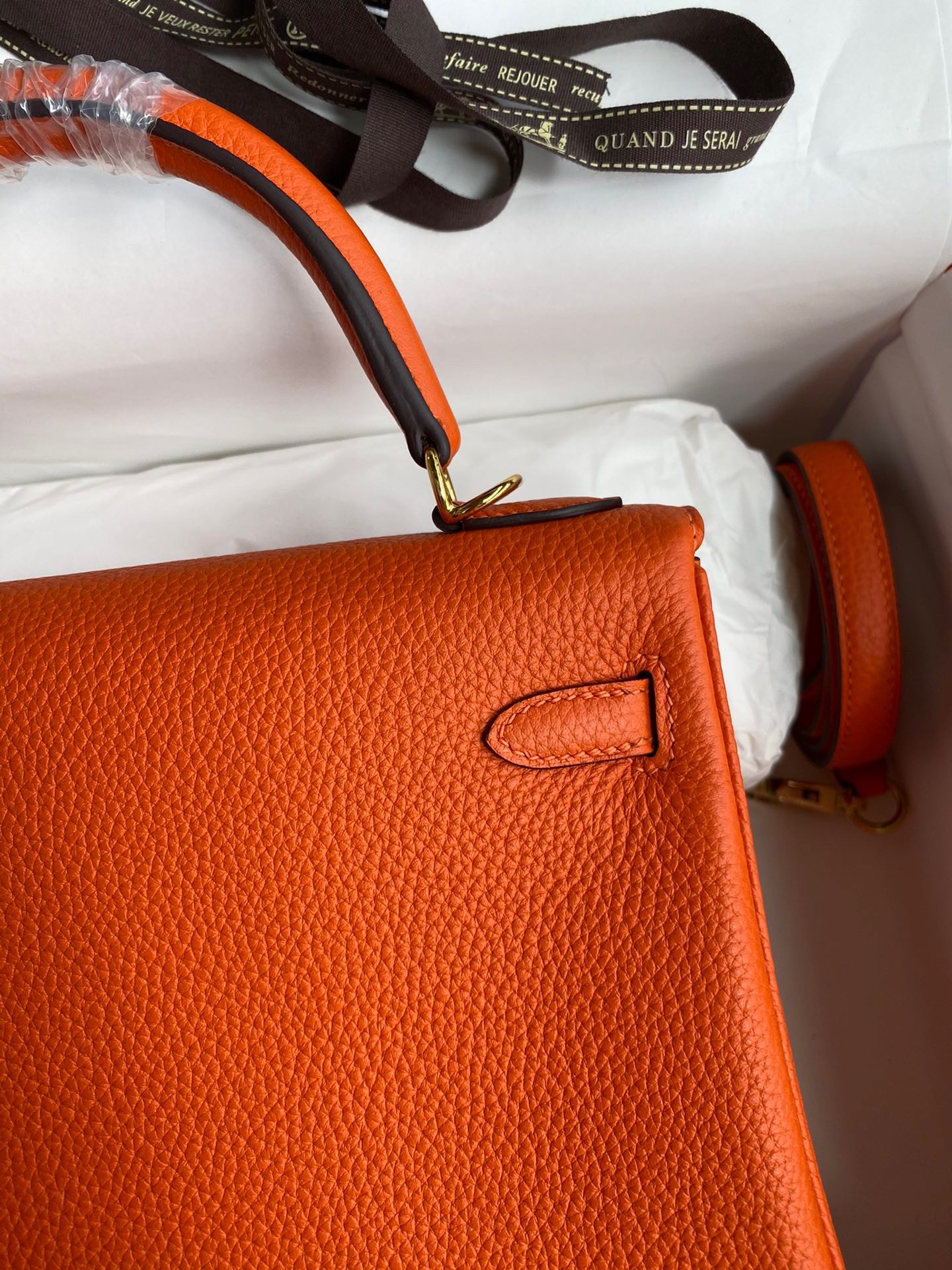 H**mes kelly retourne 25 handmade bag in orange clemence leather
