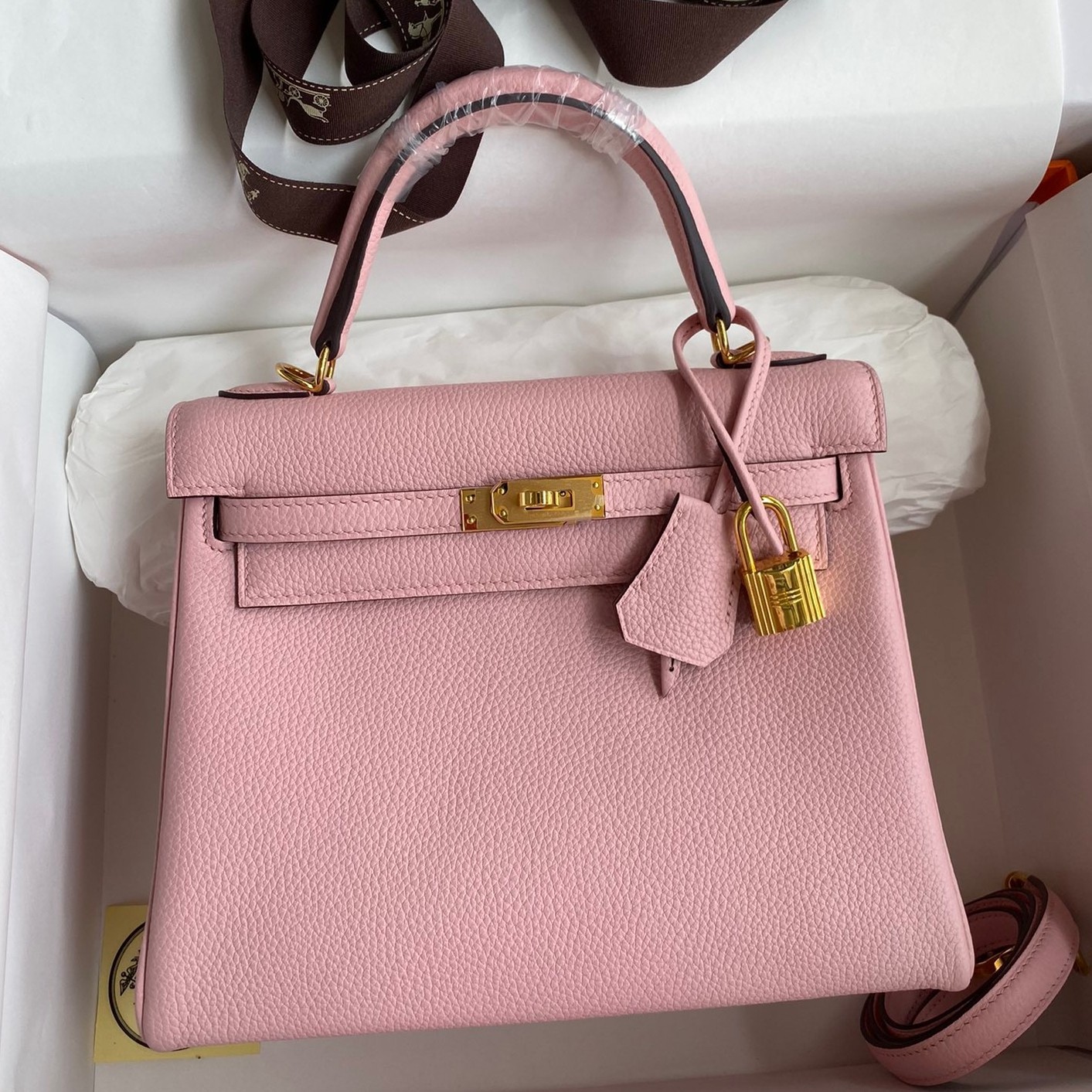 H**mes kelly retourne 25 handmade bag in rose sakura clemence leather