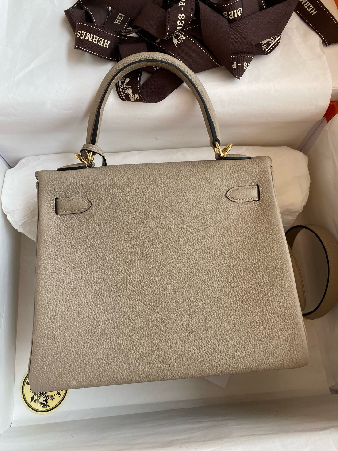 H**mes kelly retourne 25 handmade bag in gris tourterelle clemence leather