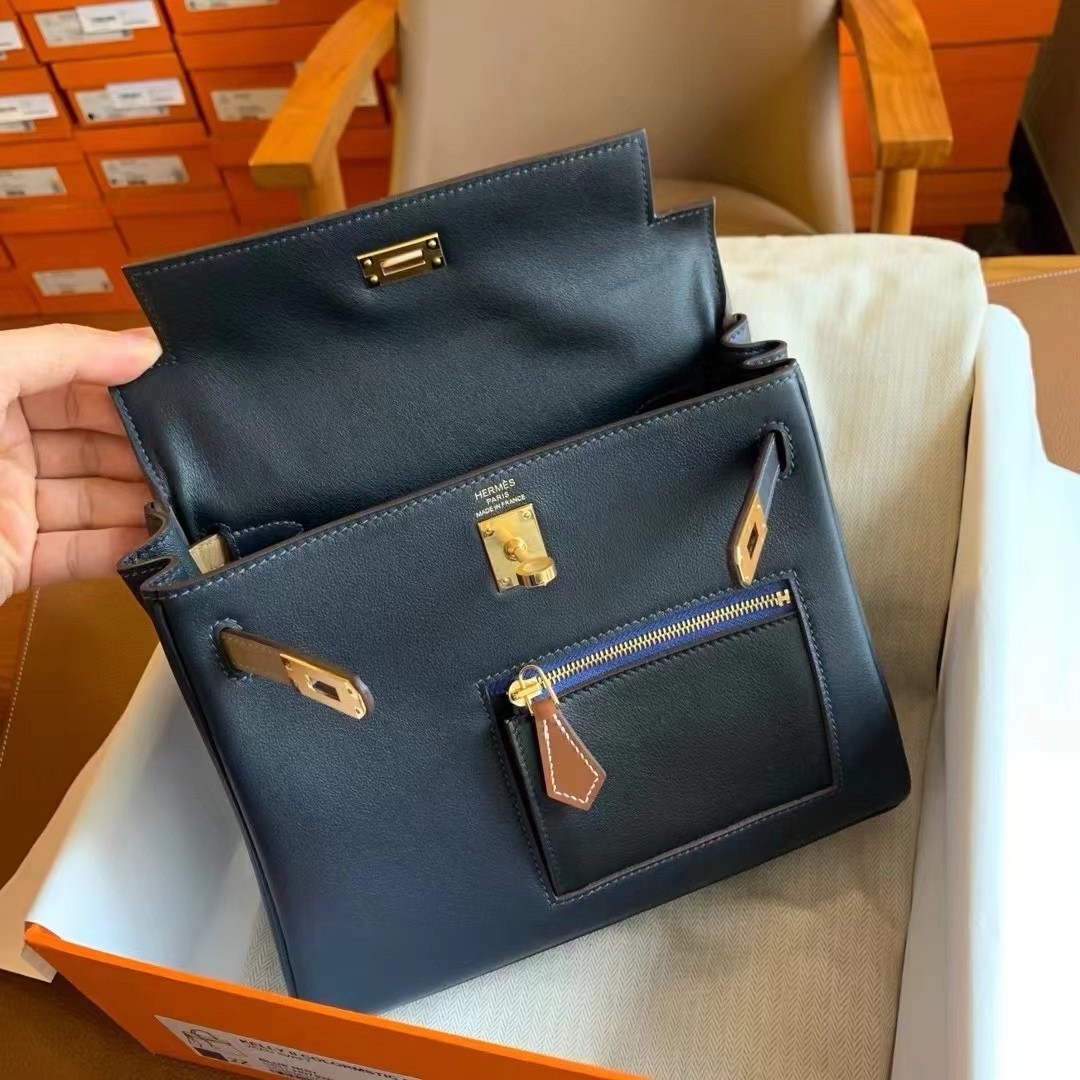 H**mes kelly colormatic 25 handmade bag in blue nuit swift leather