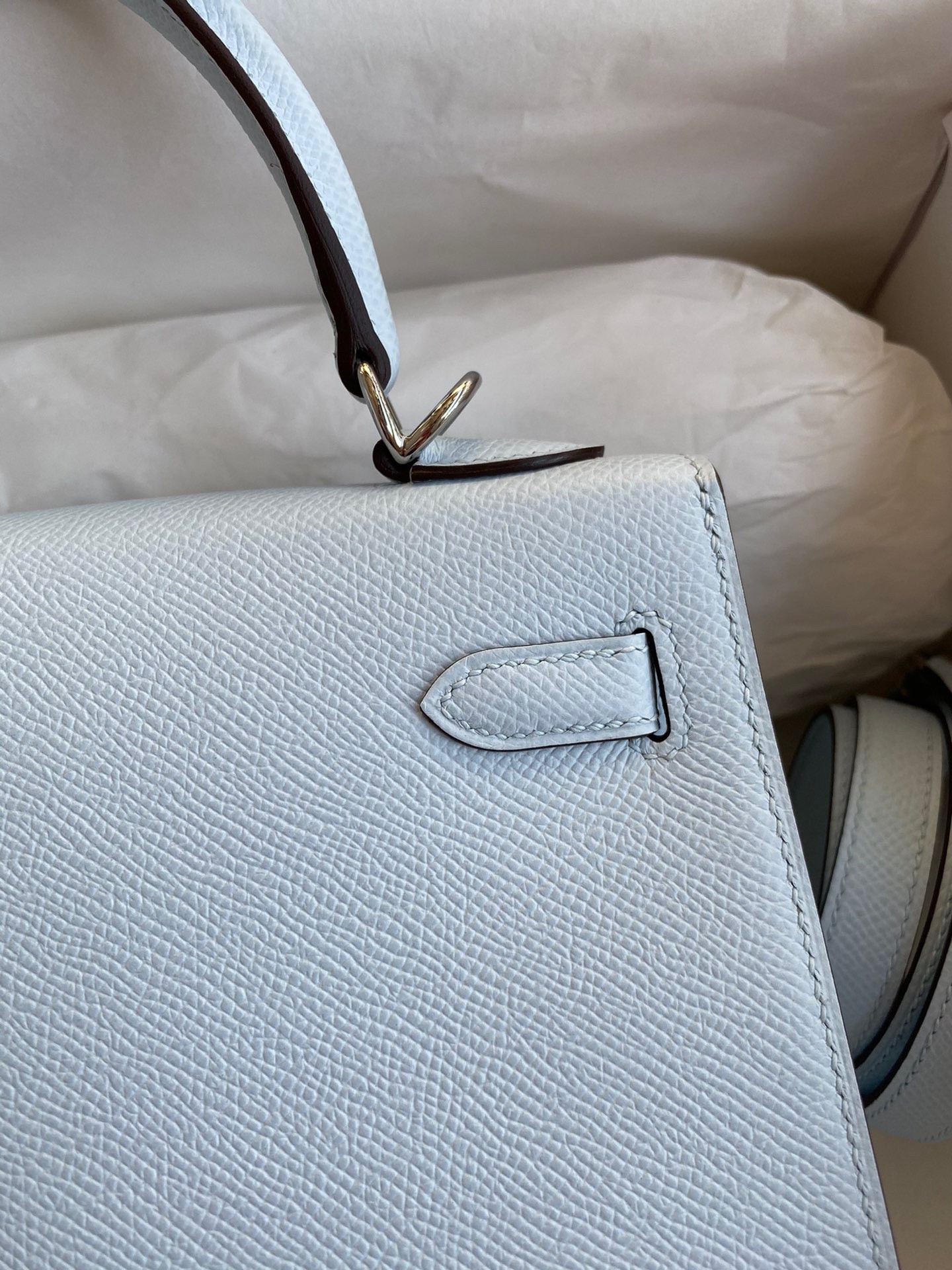H**mes kelly sellier 25 handmade bag in blue brume epsom calfskin