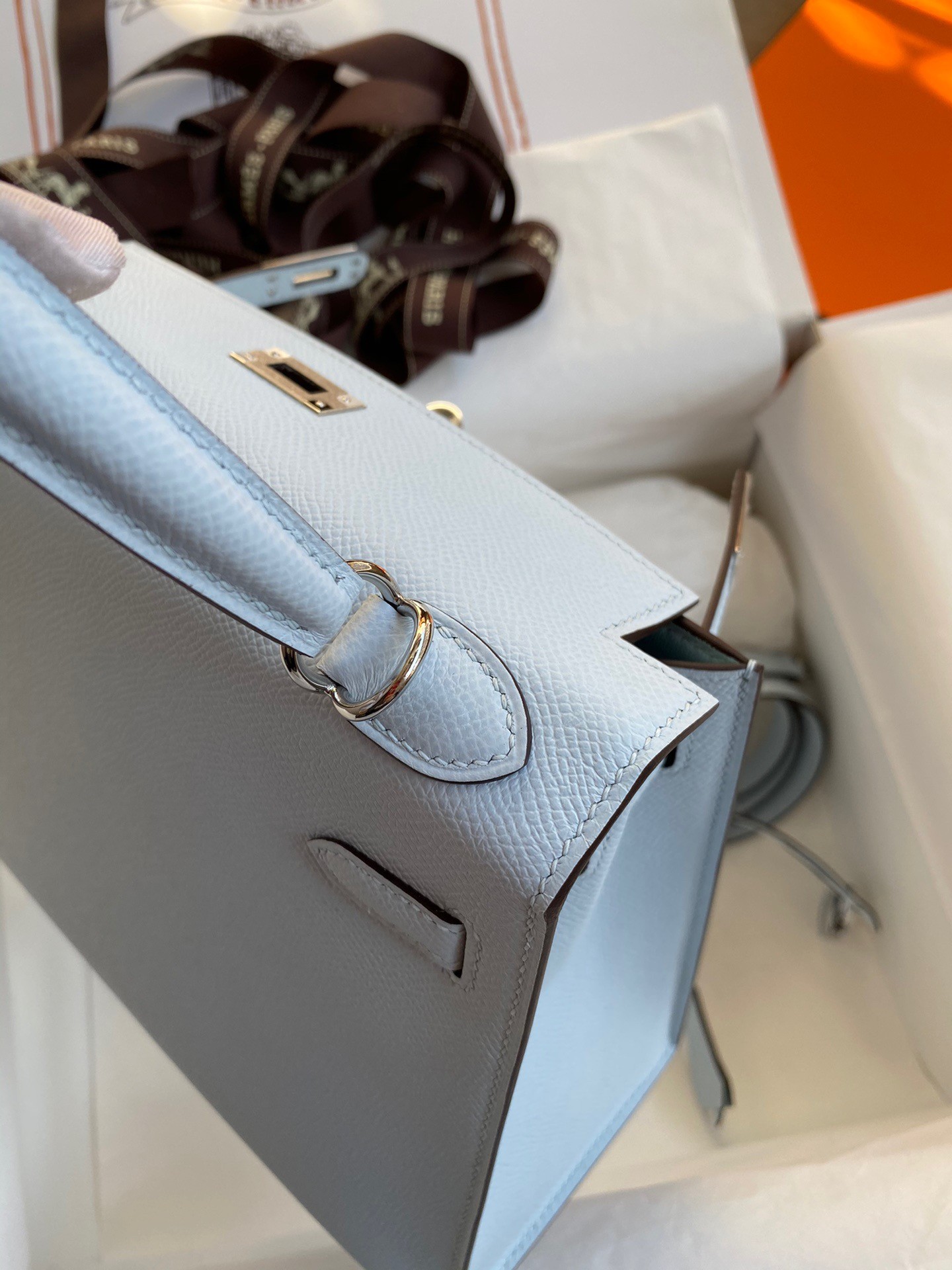 H**mes kelly sellier 25 handmade bag in blue brume epsom calfskin