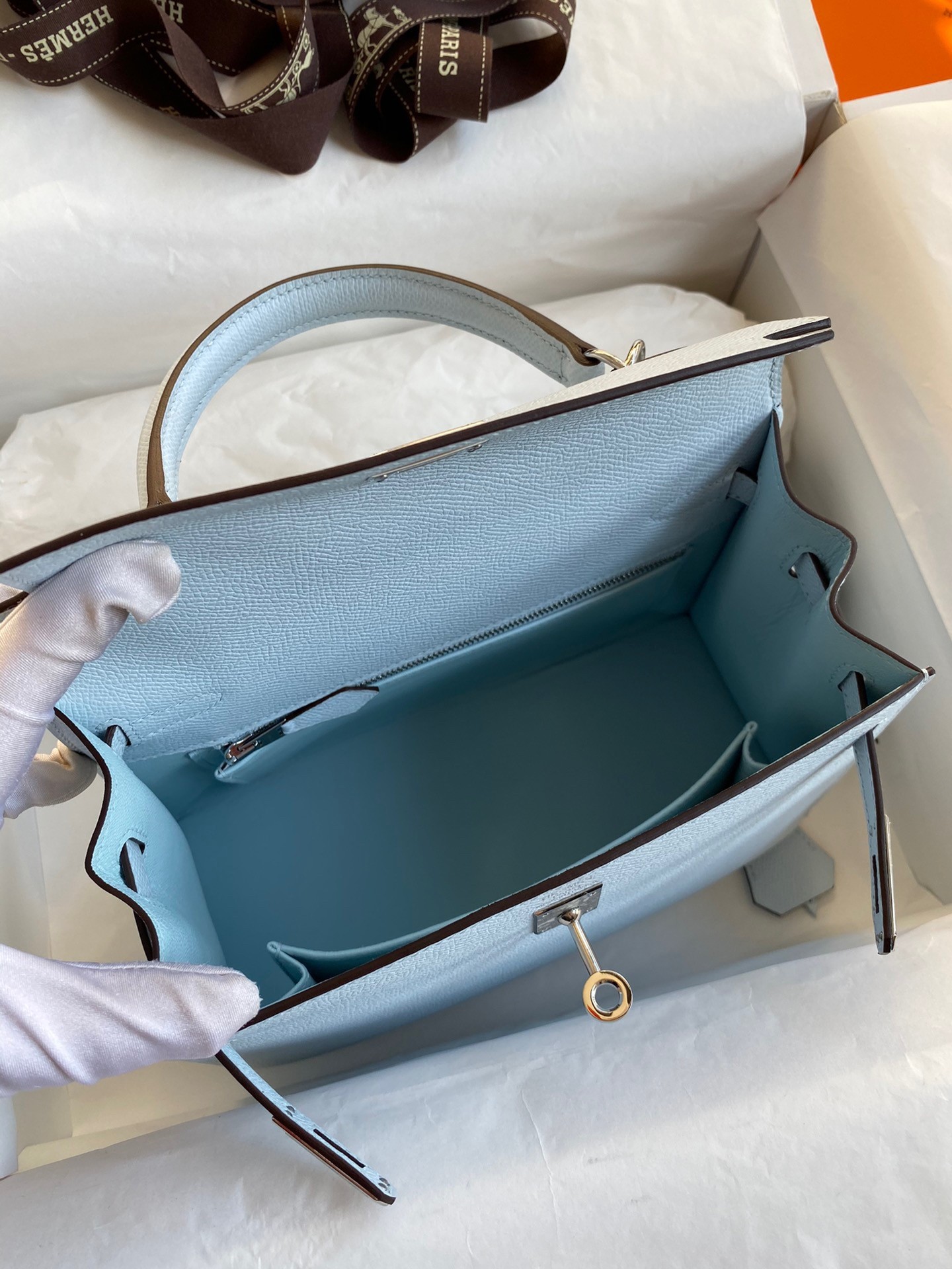 H**mes kelly sellier 25 handmade bag in blue brume epsom calfskin