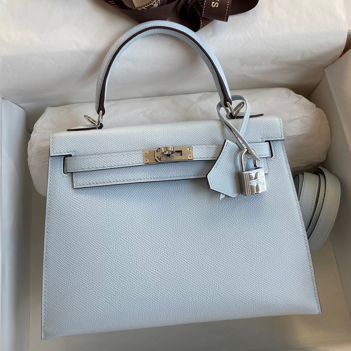 H**mes kelly sellier 25 handmade bag in blue brume epsom calfskin