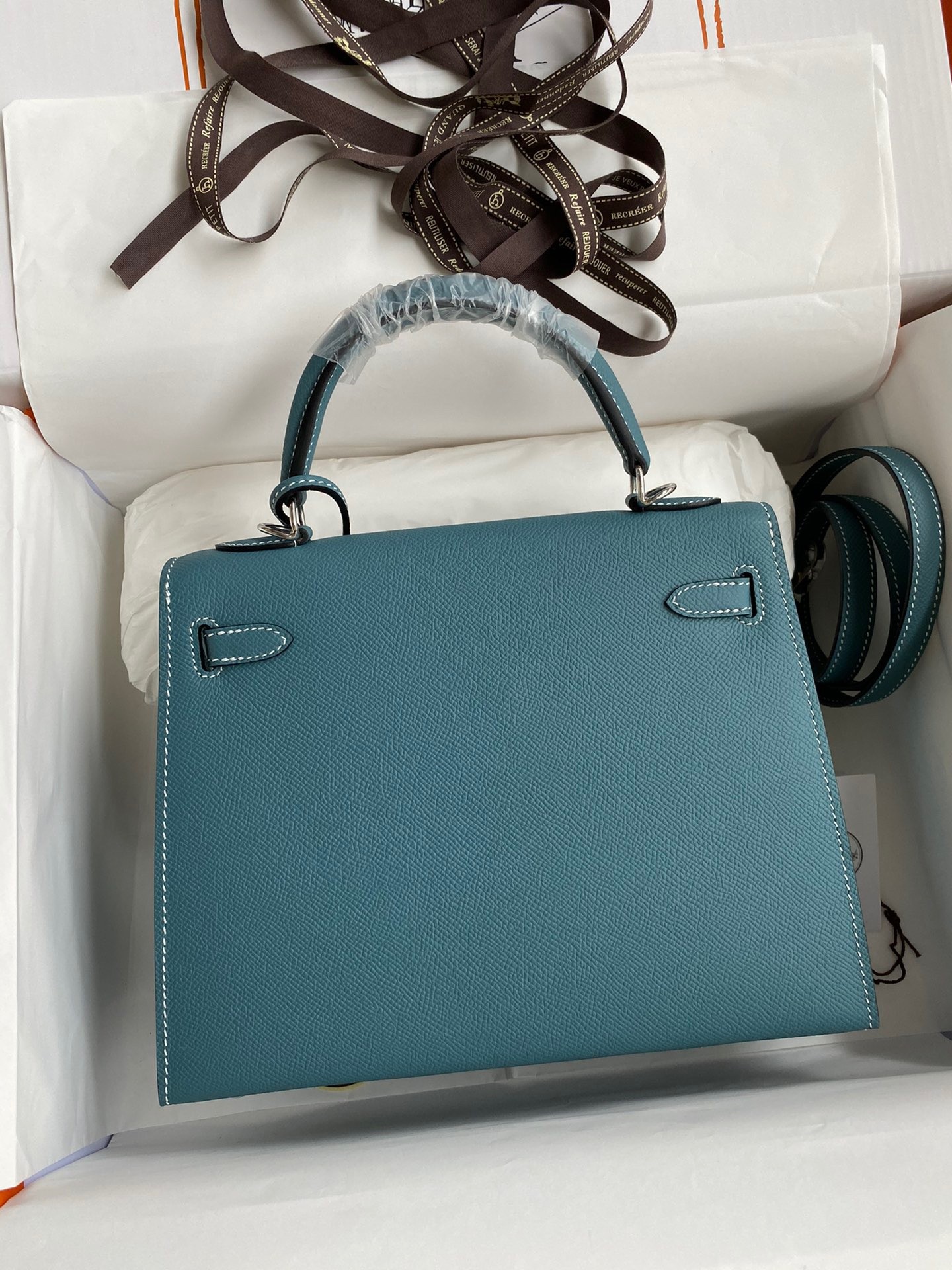 H**mes kelly sellier 25 handmade bag in blue jean epsom calfskin