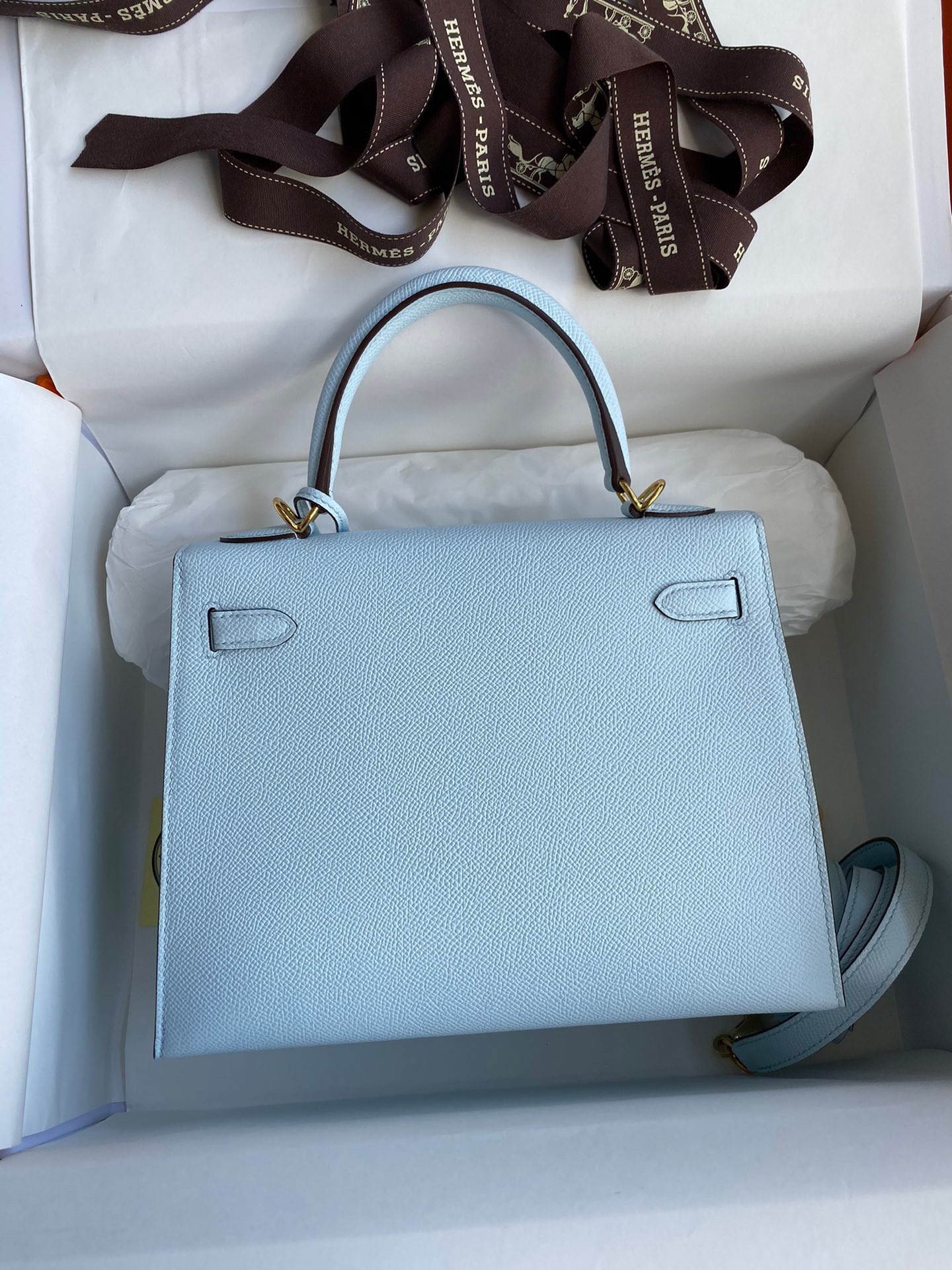 H**mes kelly sellier 25 handmade bag in celeste epsom calfskin