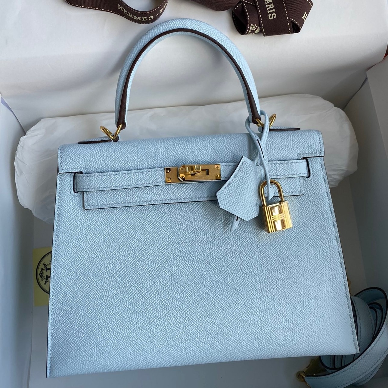 H**mes kelly sellier 25 handmade bag in celeste epsom calfskin