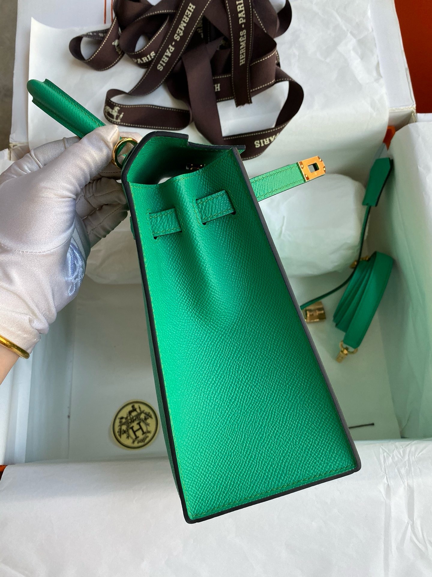 H**mes kelly sellier 25 handmade bag in vert jade epsom calfskin
