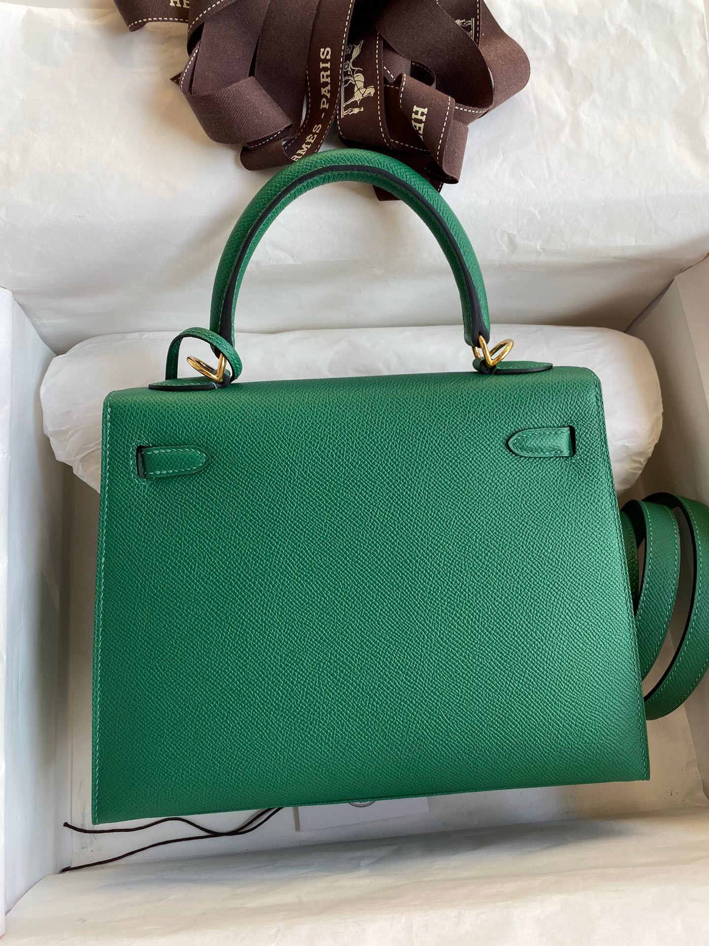H**mes kelly sellier 25 handmade bag in vert vertigo epsom calfskin