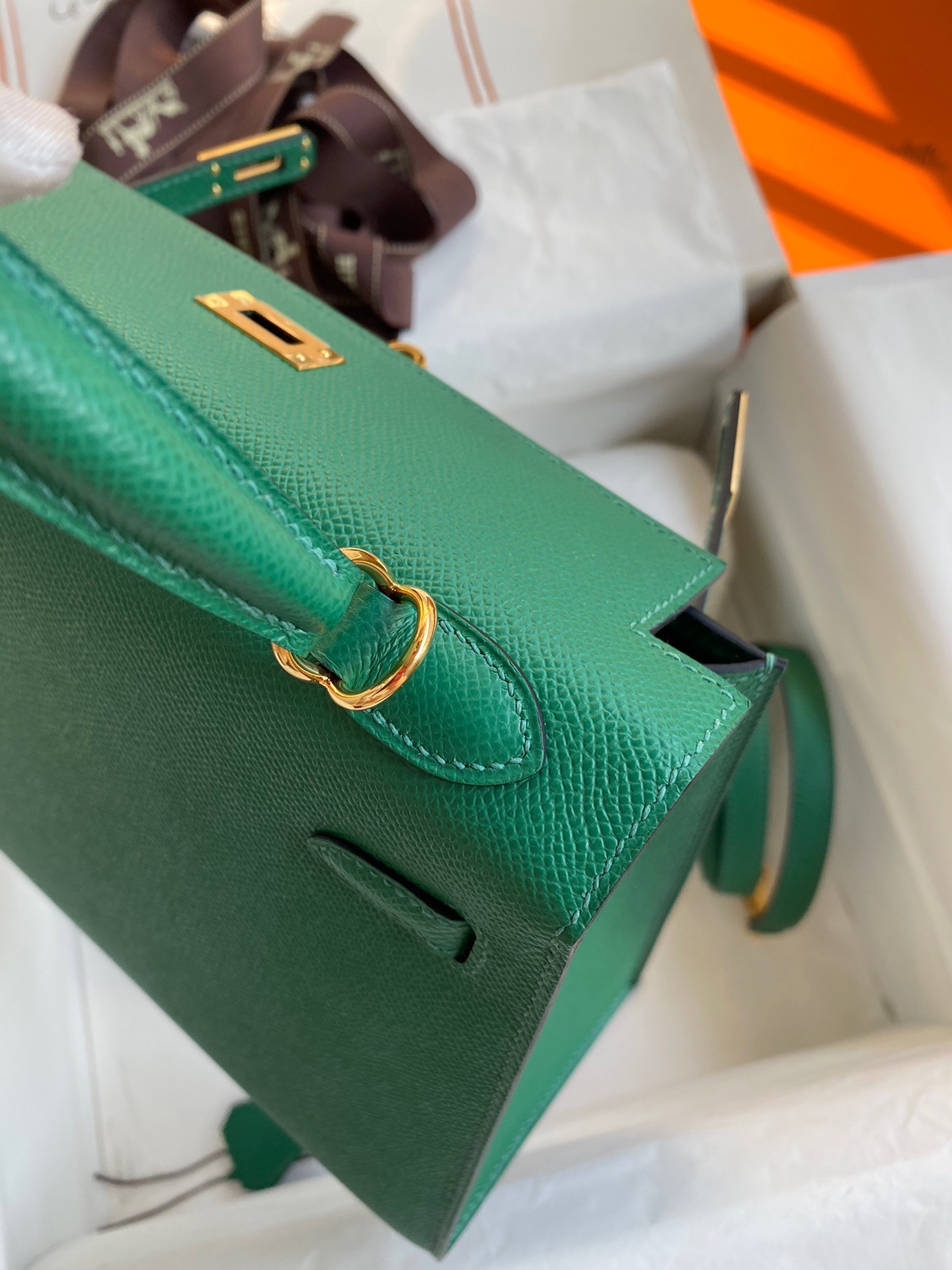 H**mes kelly sellier 25 handmade bag in vert vertigo epsom calfskin