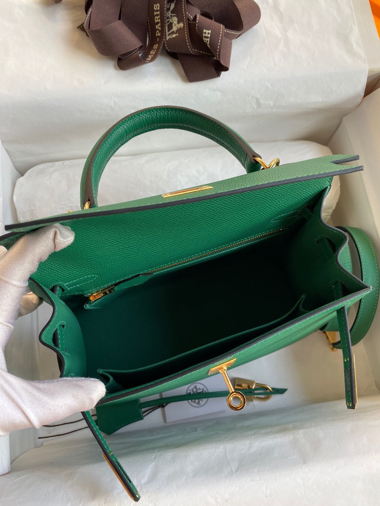H**mes kelly sellier 25 handmade bag in vert vertigo epsom calfskin