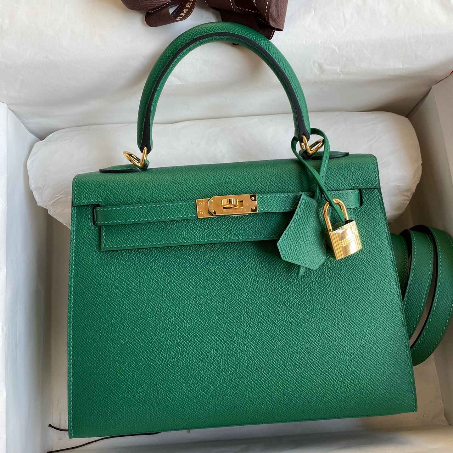 H**mes kelly sellier 25 handmade bag in vert vertigo epsom calfskin