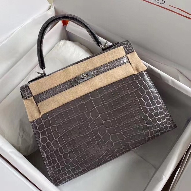 H**mes kelly retourne 25 handmade bag in taupe crocodile niloticus shiny skin