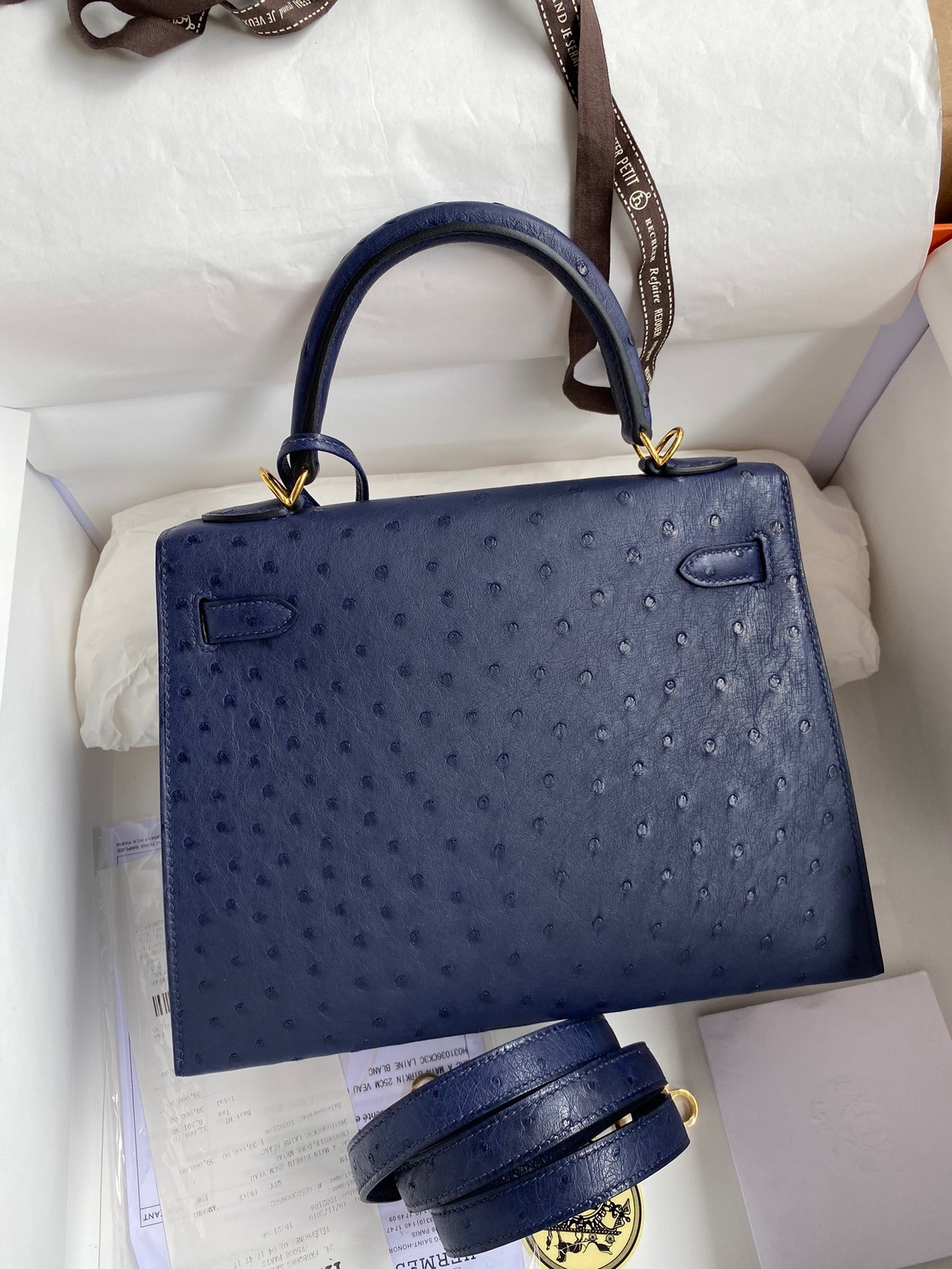 H**mes kelly sellier 25 handmade bag in blue iris ostrich leather