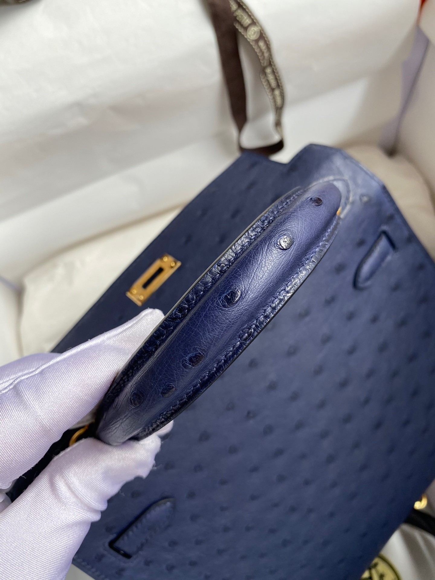 H**mes kelly sellier 25 handmade bag in blue iris ostrich leather