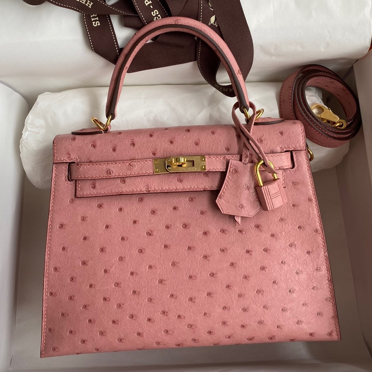 H**mes kelly sellier 25 handmade bag in terre cuite ostrich leather
