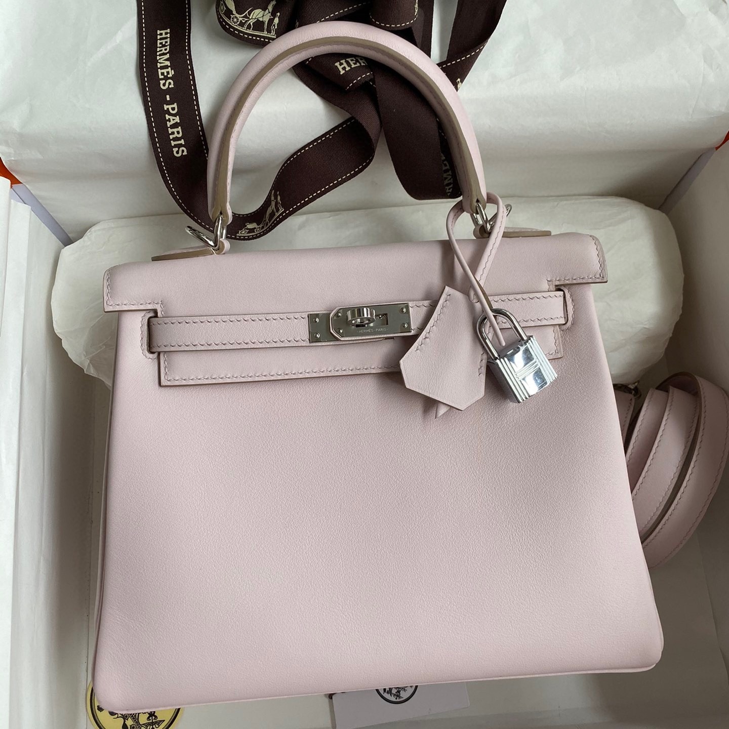 H**mes kelly retourne 25 handmade bag in mauve pale swift calfskin