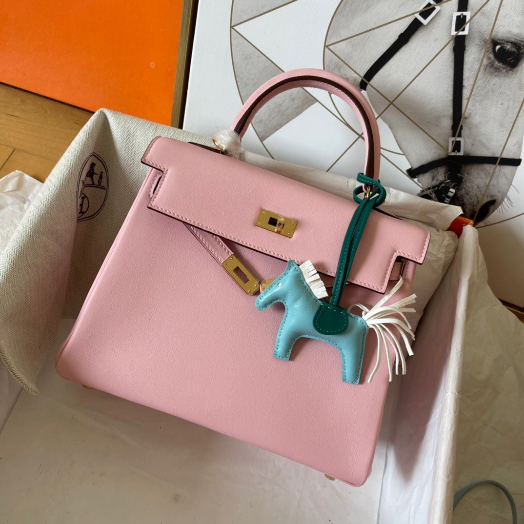 H**mes kelly retourne 25 handmade bag in pink swift calfskin