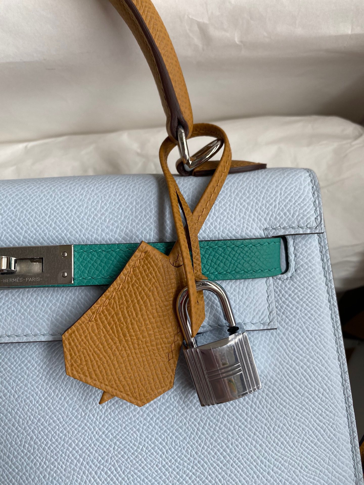H**mes kelly sellier 25 tricolor bag in blue/green/sesameepsom calfskin