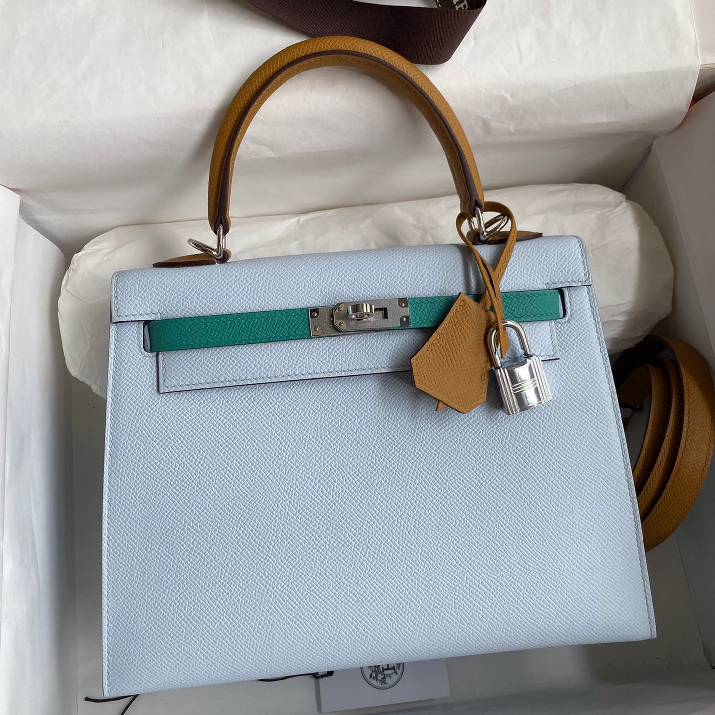 H**mes kelly sellier 25 tricolor bag in blue/green/sesameepsom calfskin