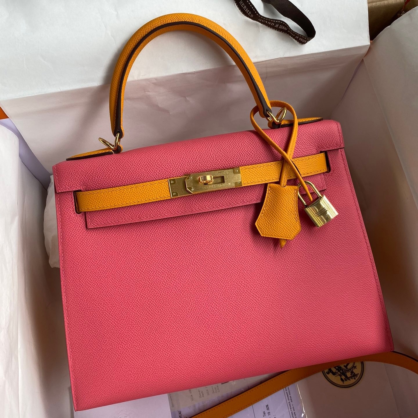 H**mes kelly sellier 28 bicolor bag in rose lipstick and yellow epsom calfskin