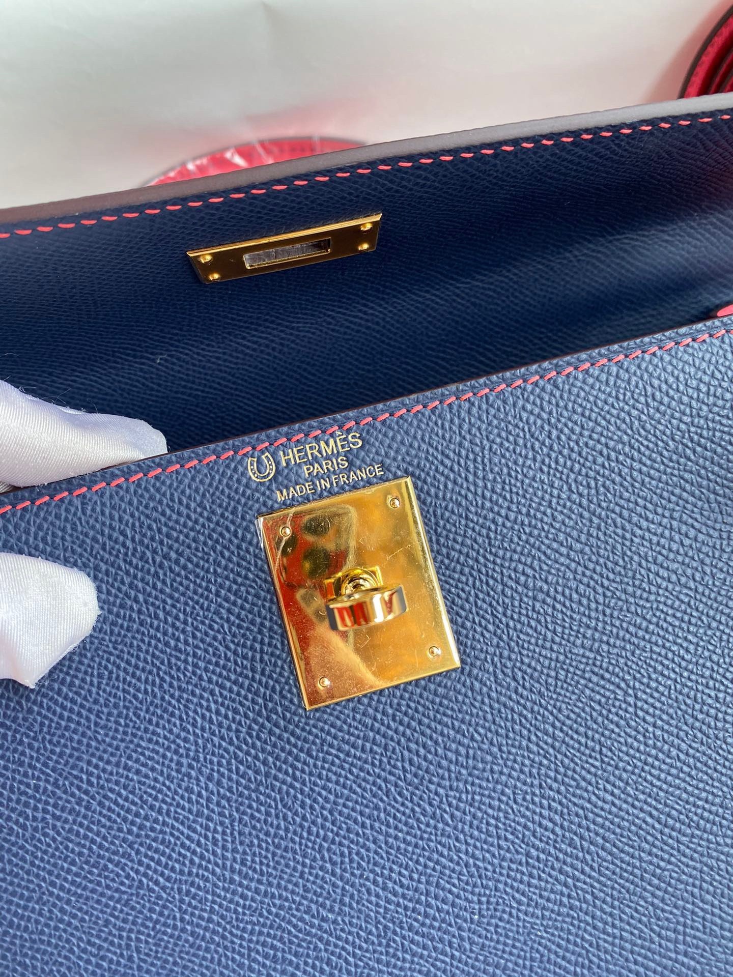 H**mes kelly sellier 28 bicolor bag in blue saphir and rose lipstick epsom calfskin