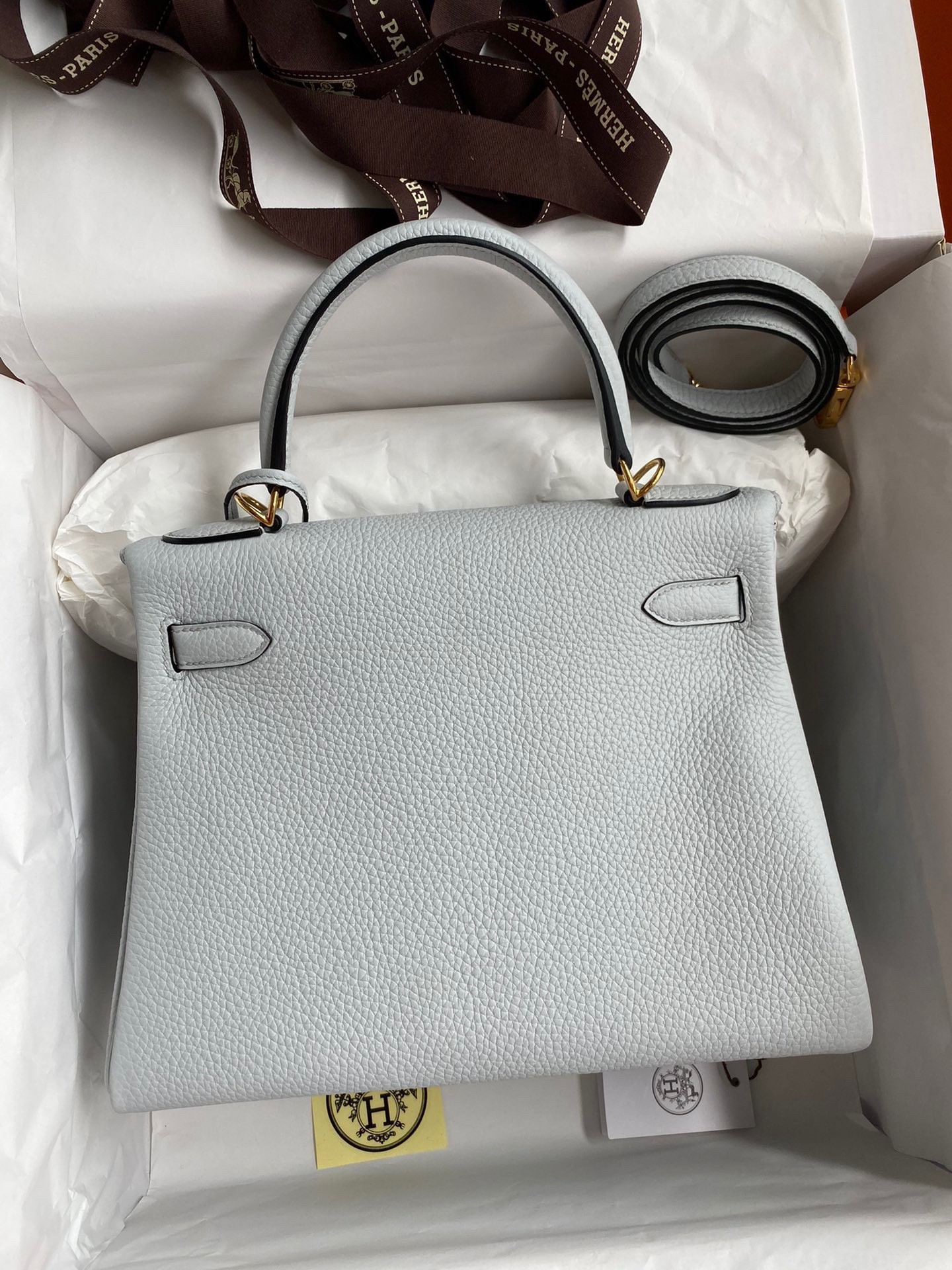 H**mes kelly retourne 28 handmade bag in blue glacier clemence leather