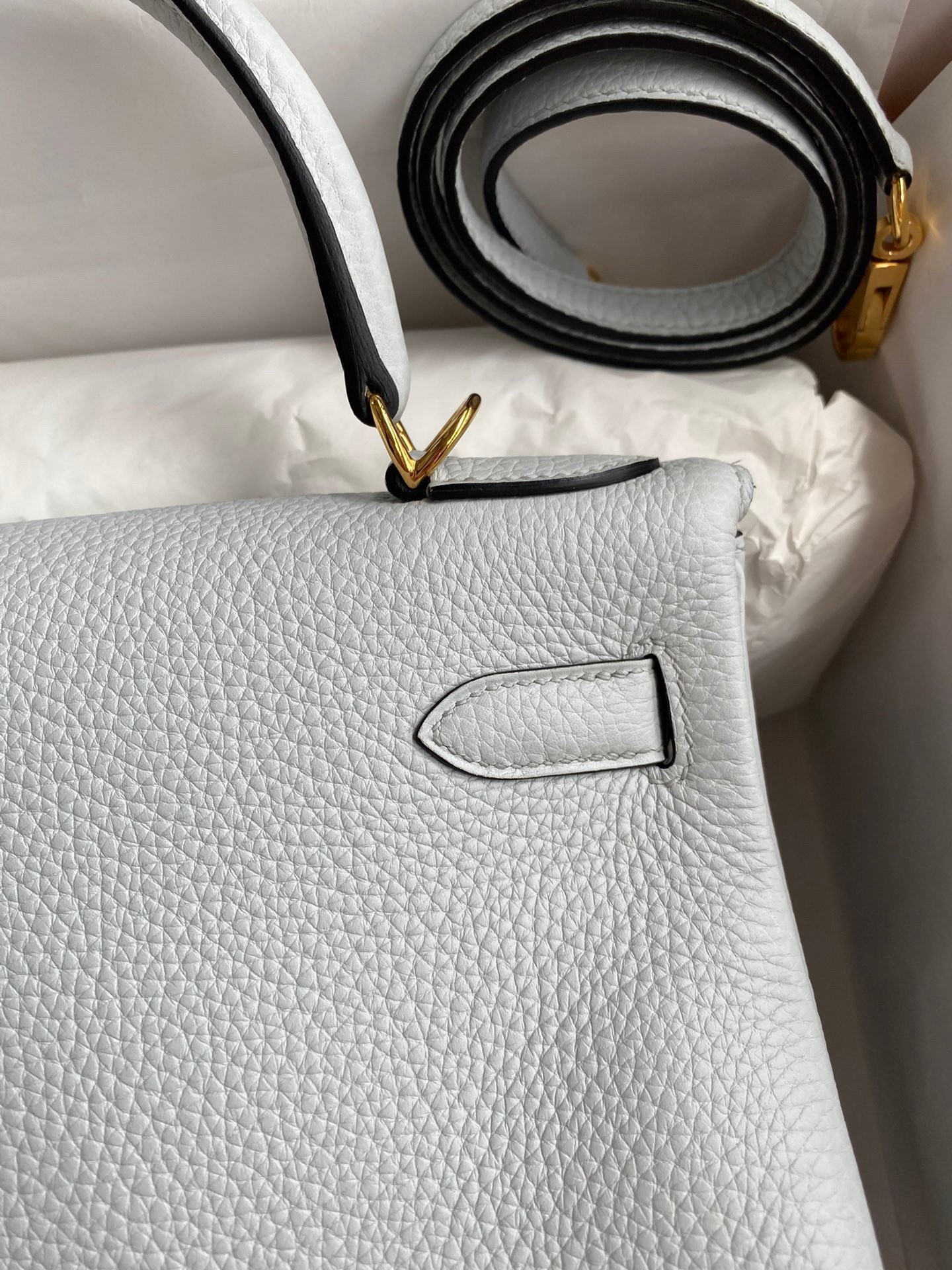 H**mes kelly retourne 28 handmade bag in blue glacier clemence leather