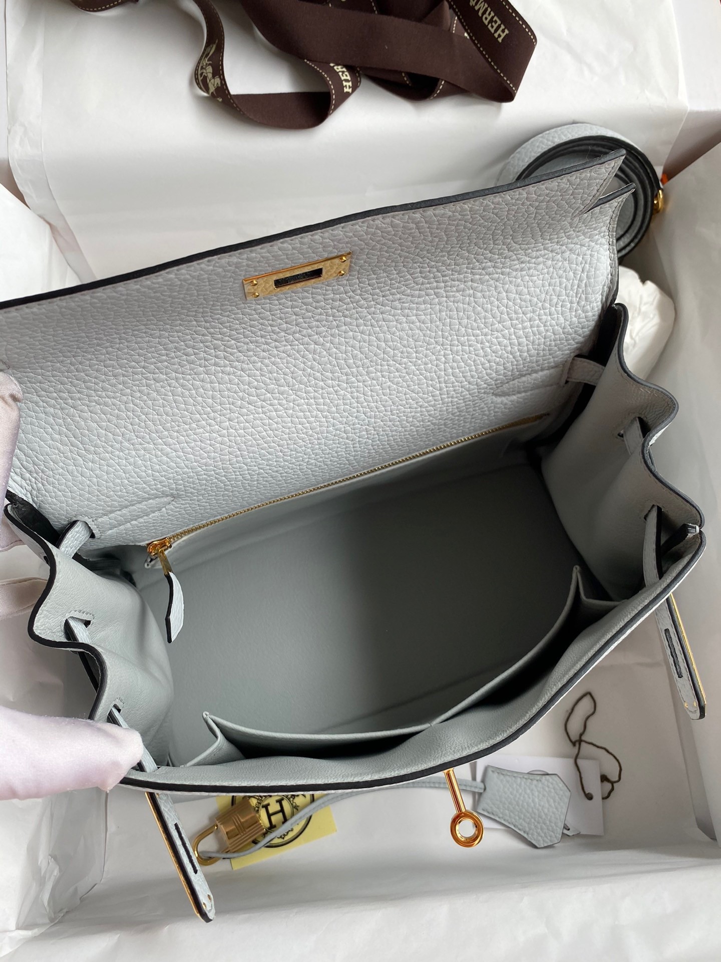H**mes kelly retourne 28 handmade bag in blue glacier clemence leather