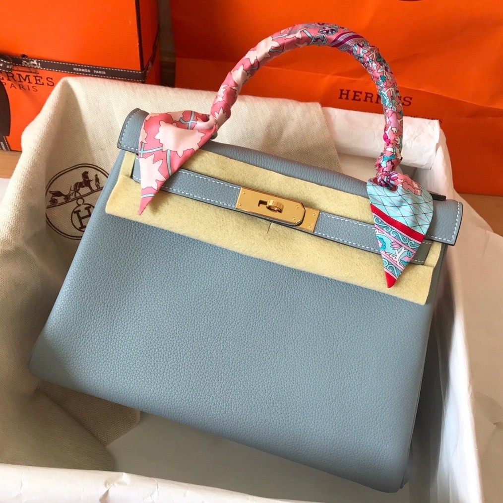 H**mes kelly retourne 28 handmade bag in blue lin clemence leather
