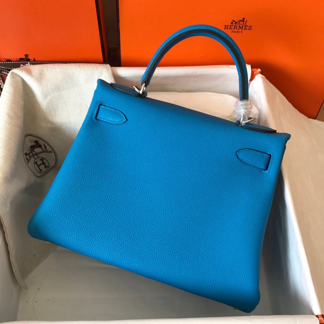 H**mes kelly retourne 28 handmade bag in blue zanzibar clemence leather