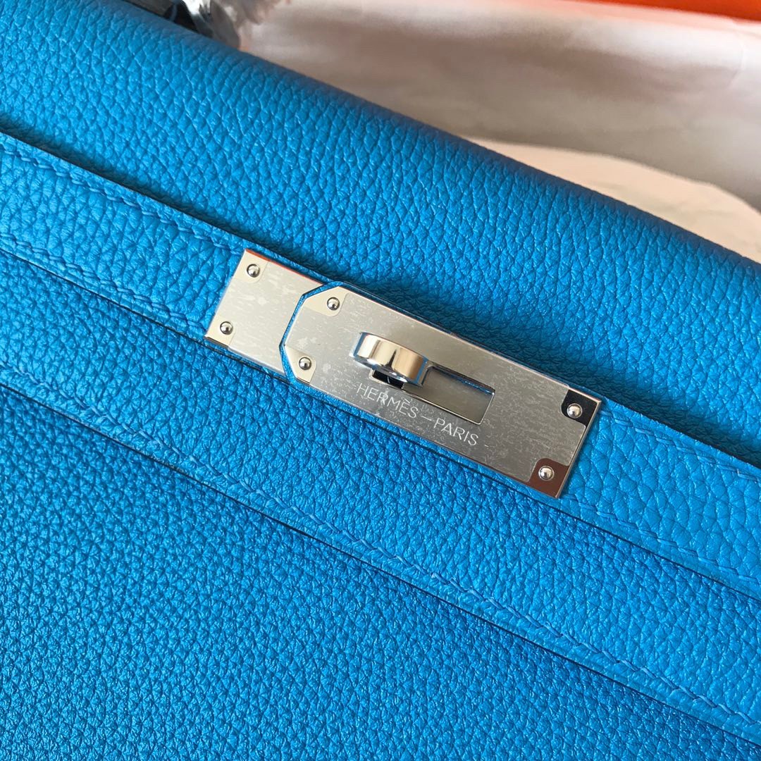 H**mes kelly retourne 28 handmade bag in blue zanzibar clemence leather