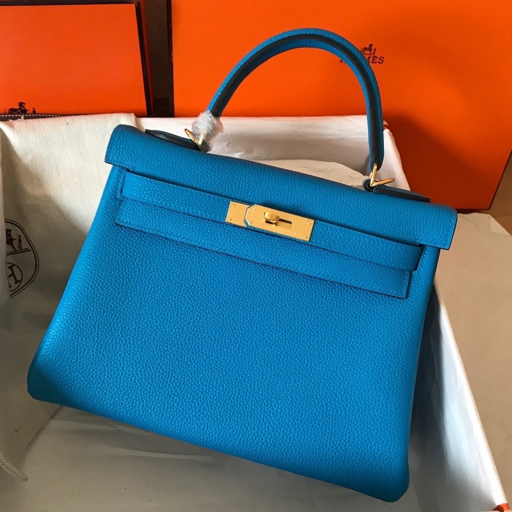 H**mes kelly retourne 28 handmade bag in blue zanzibar clemence leather