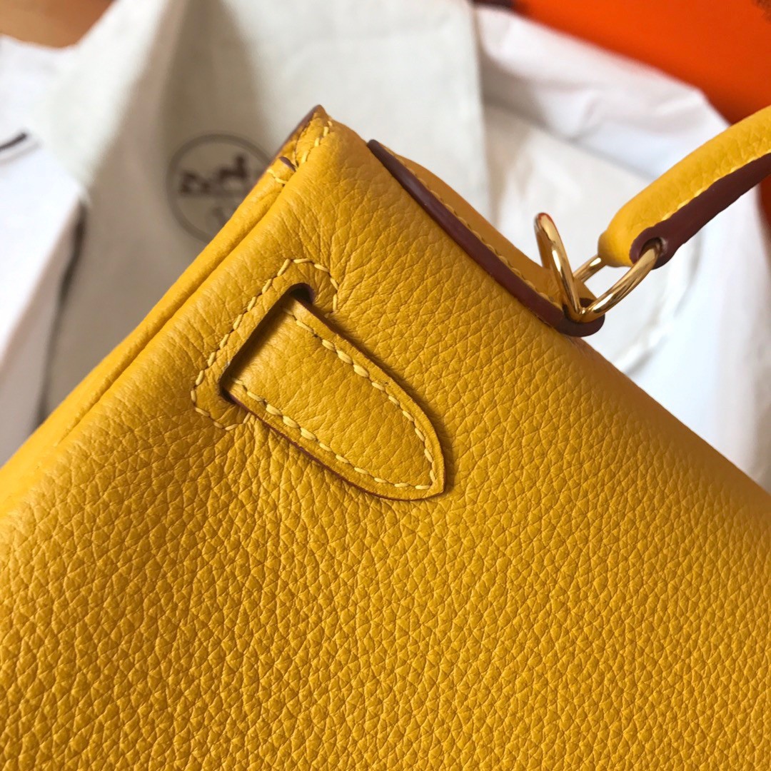 H**mes kelly retourne 28 handmade bag in jaune ambre clemence leather
