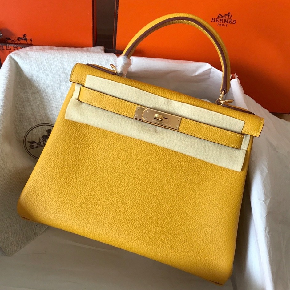 H**mes kelly retourne 28 handmade bag in jaune ambre clemence leather