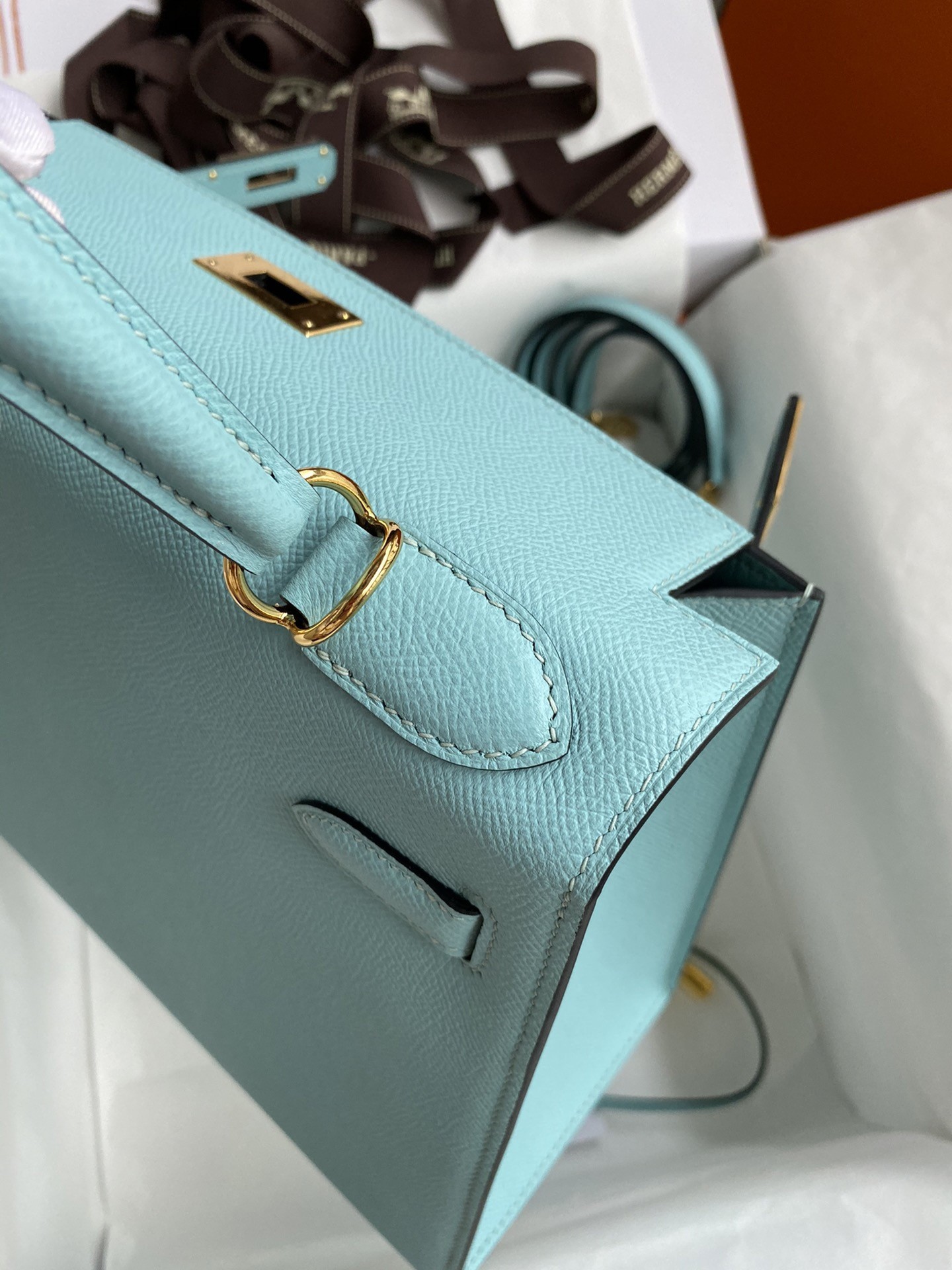 H**mes kelly sellier 28 handmade bag in blue atoll epsom calfskin