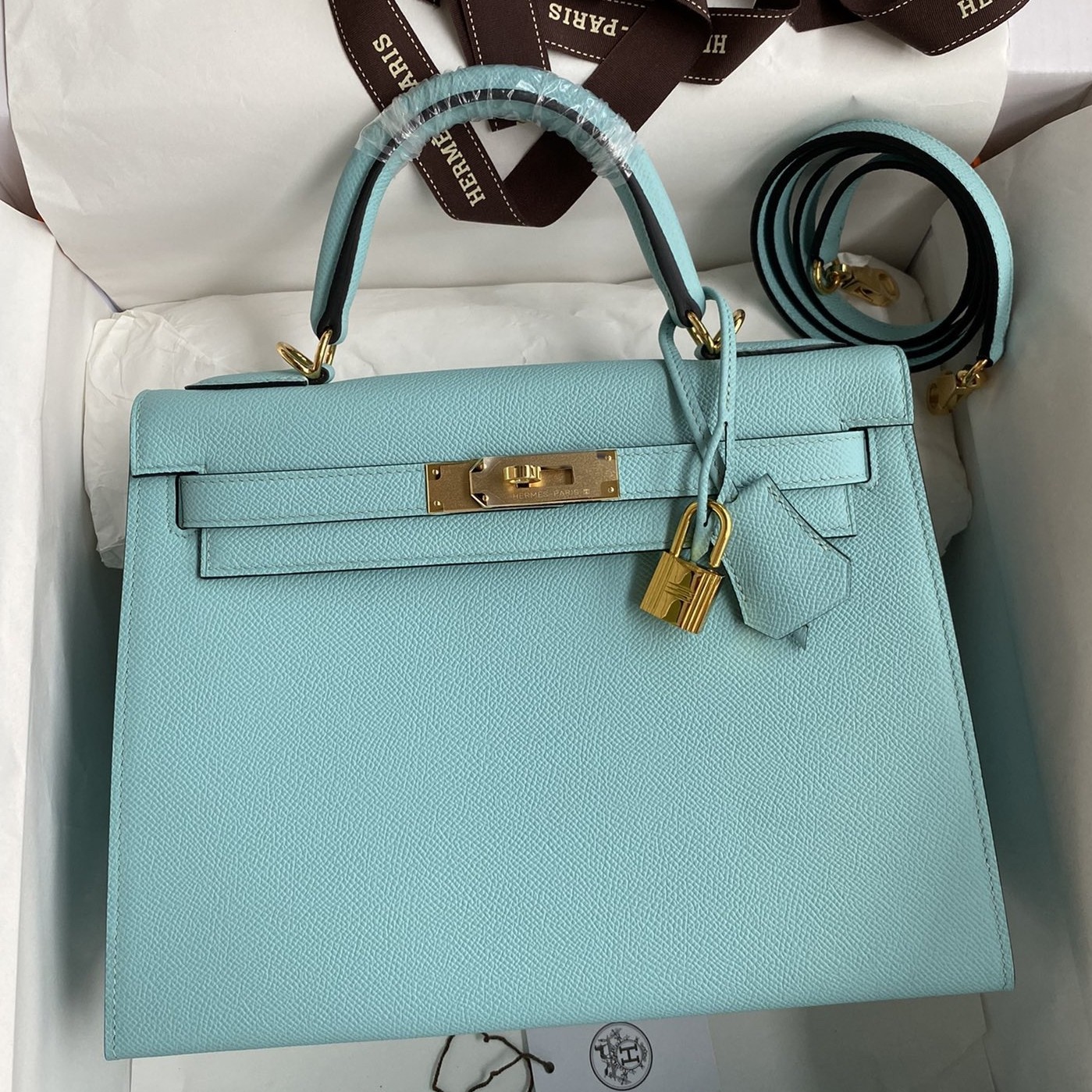 H**mes kelly sellier 28 handmade bag in blue atoll epsom calfskin