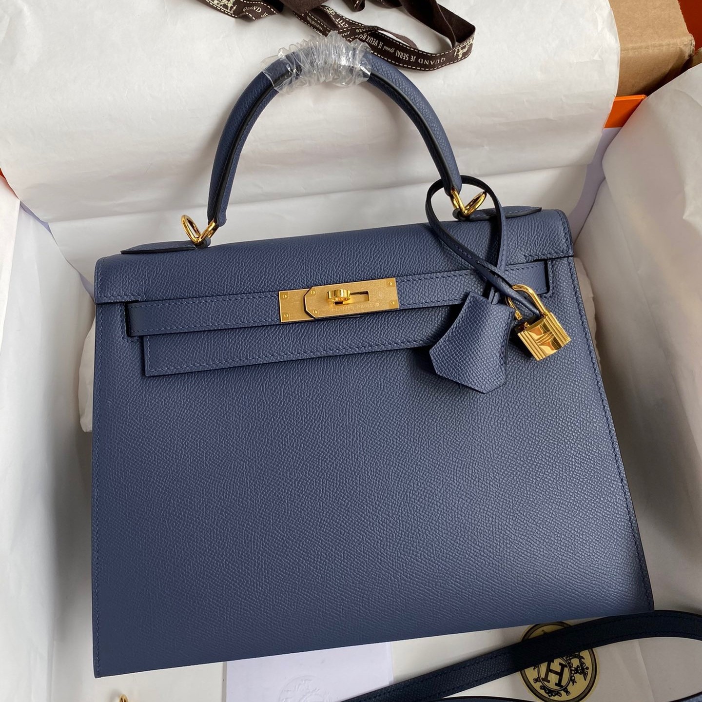 H**mes kelly sellier 28 handmade bag in blue saphir epsom calfskin