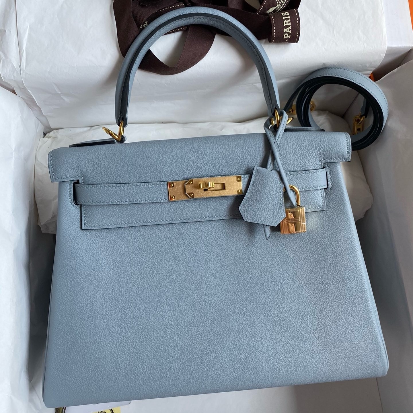 H**mes kelly retourne 28 handmade bag in blue lin evercolor calfskin