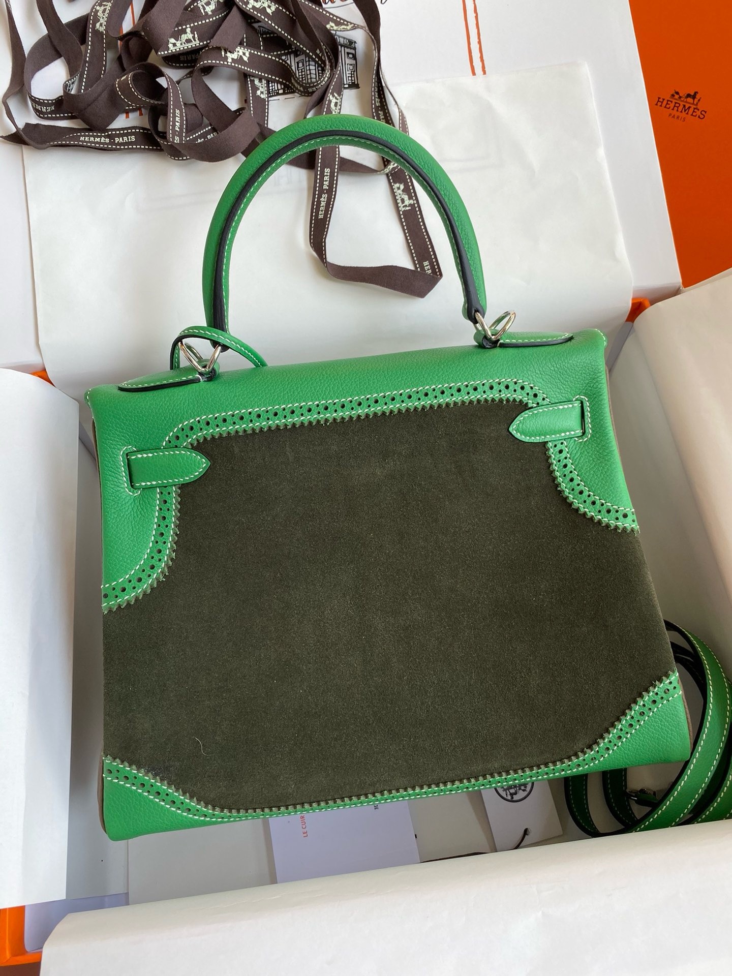 H**mes kelly 28 ghillies grizzly bag in bambou evercolor and olive veau doblis