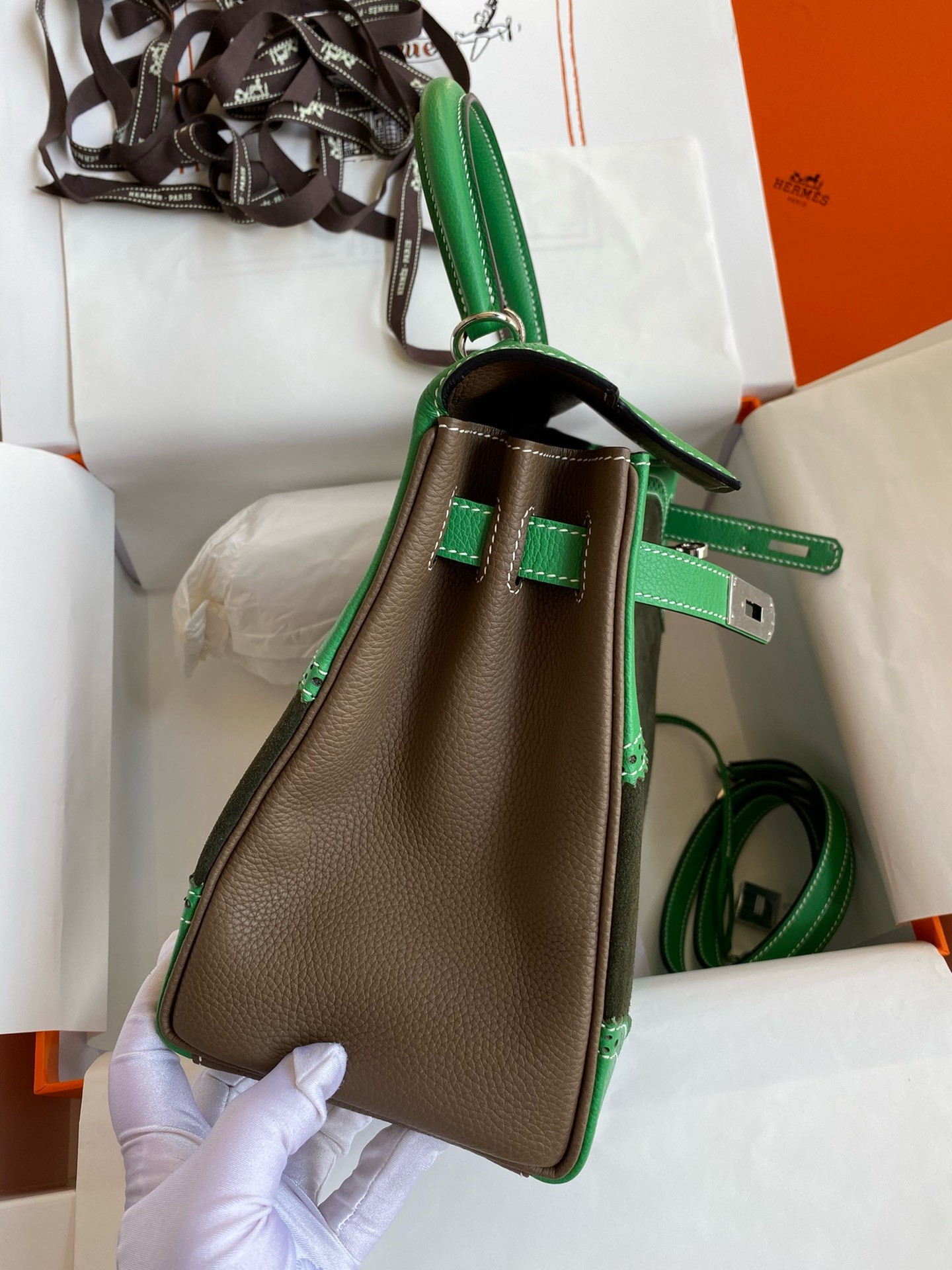 H**mes kelly 28 ghillies grizzly bag in bambou evercolor and olive veau doblis