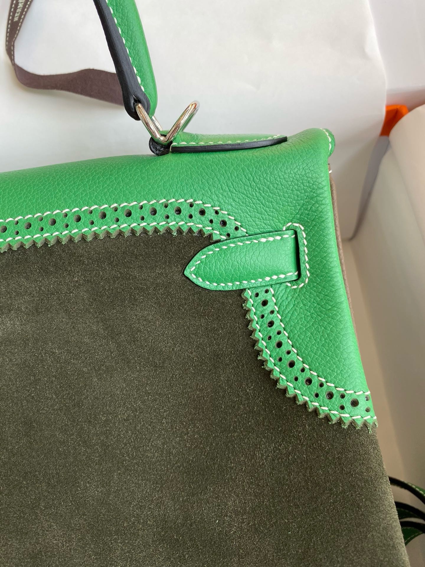 H**mes kelly 28 ghillies grizzly bag in bambou evercolor and olive veau doblis