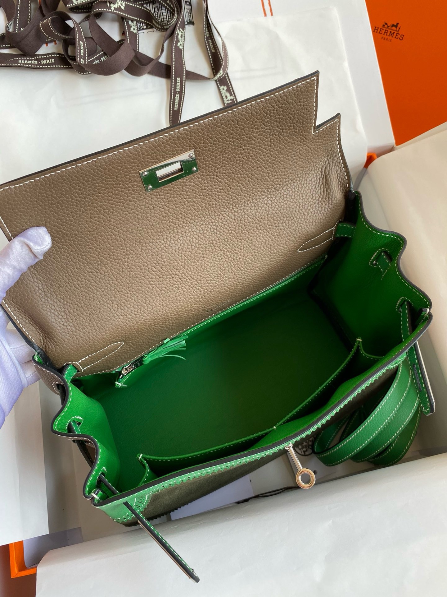 H**mes kelly 28 ghillies grizzly bag in bambou evercolor and olive veau doblis