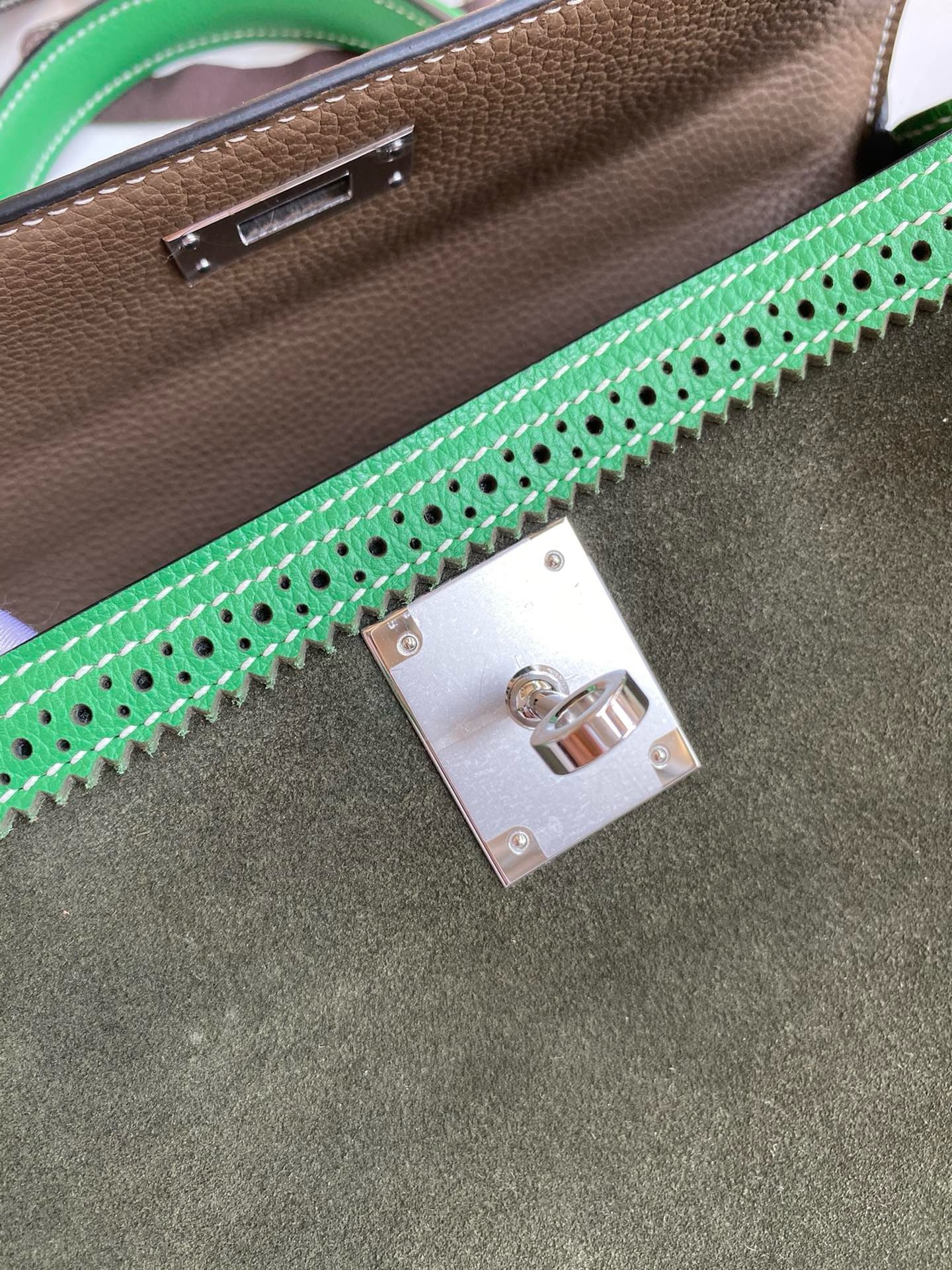 H**mes kelly 28 ghillies grizzly bag in bambou evercolor and olive veau doblis