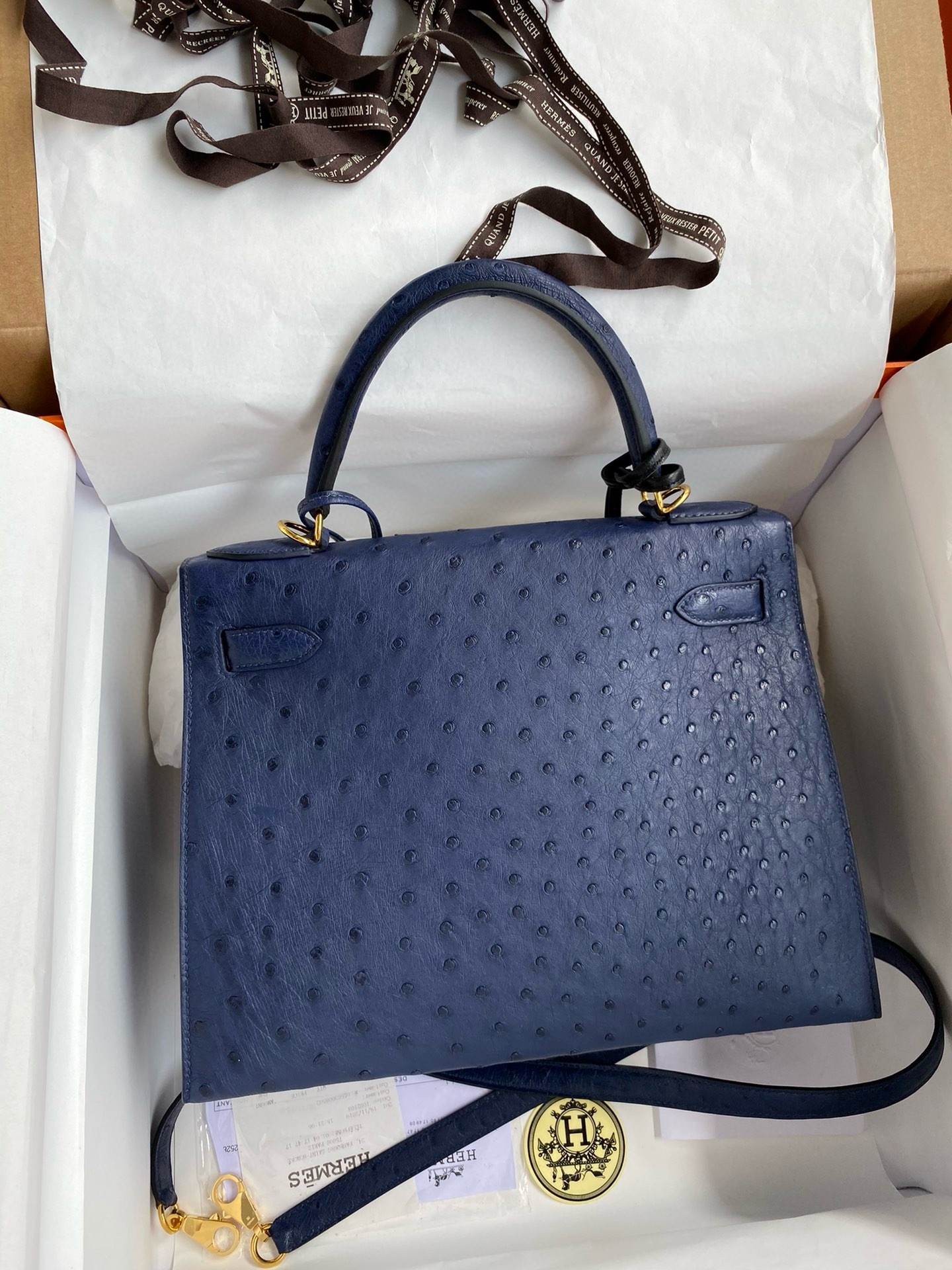 H**mes kelly sellier 28 handmade bag in blue iris ostrich leather