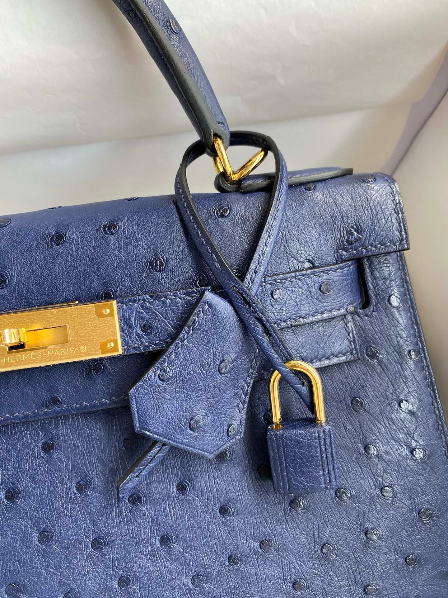 H**mes kelly sellier 28 handmade bag in blue iris ostrich leather