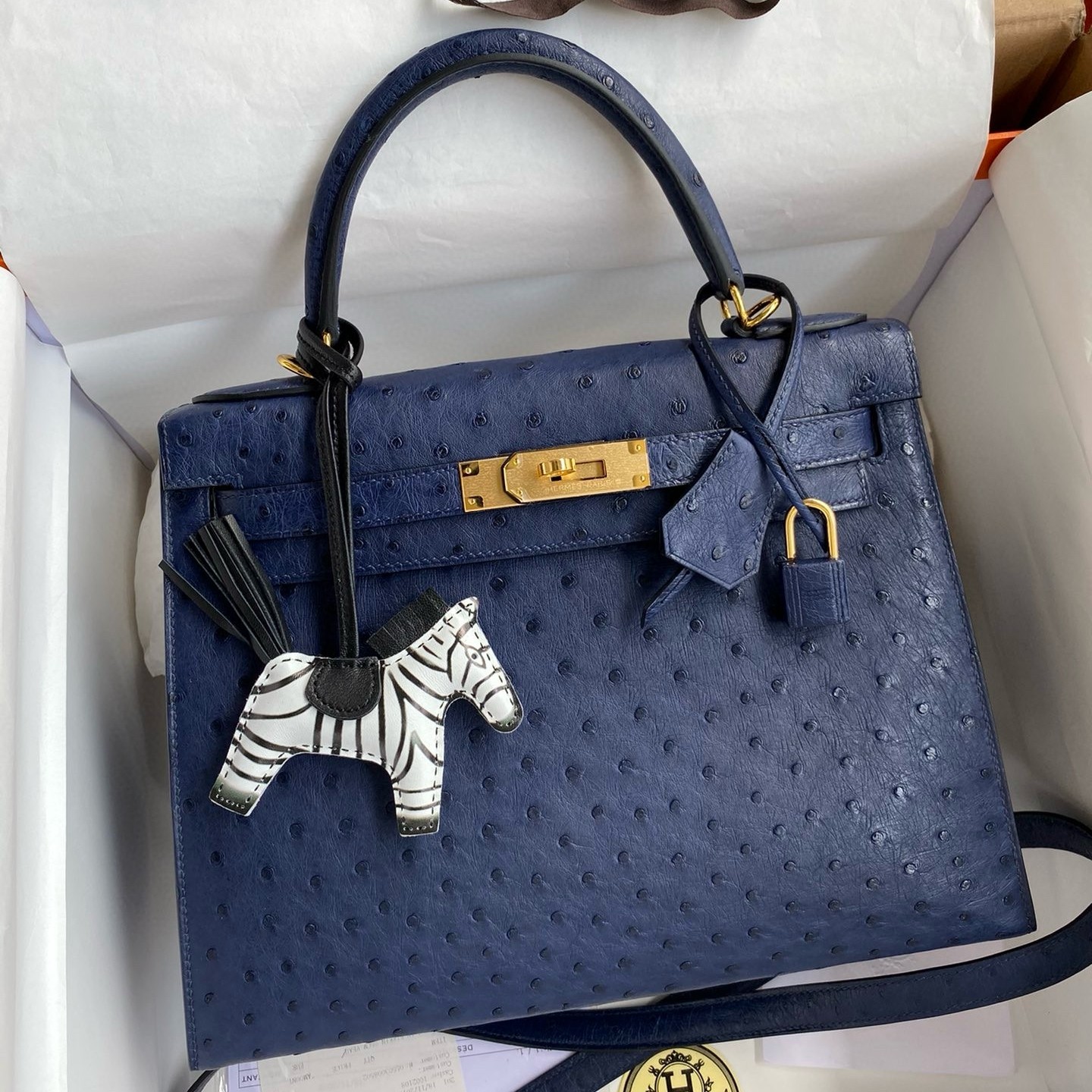 H**mes kelly sellier 28 handmade bag in blue iris ostrich leather